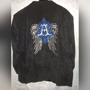 Men's Black Miztizos Courduroy Jacket with Blue and Silver Embroidery